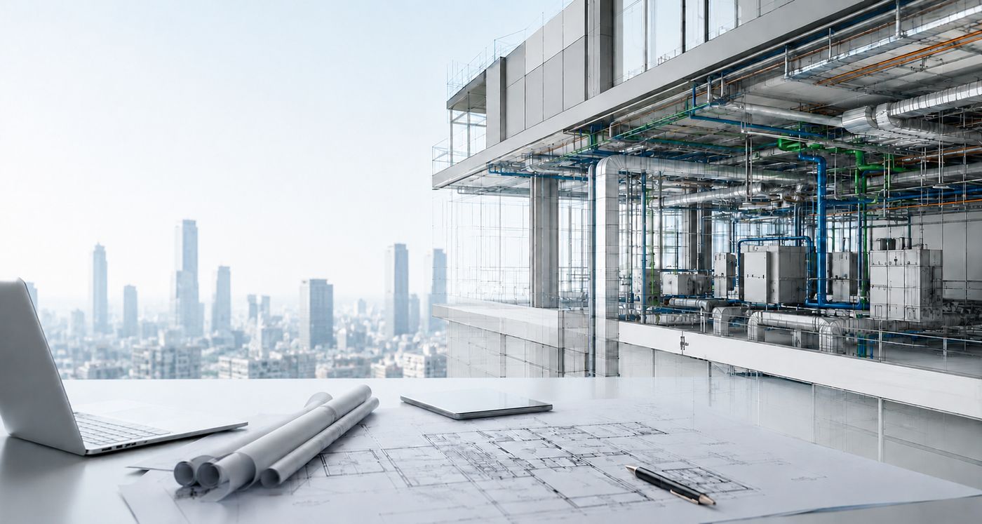 Gebäude mit sichtbarer Technischer Gebäudeausrüstung und Planungsunterlagen